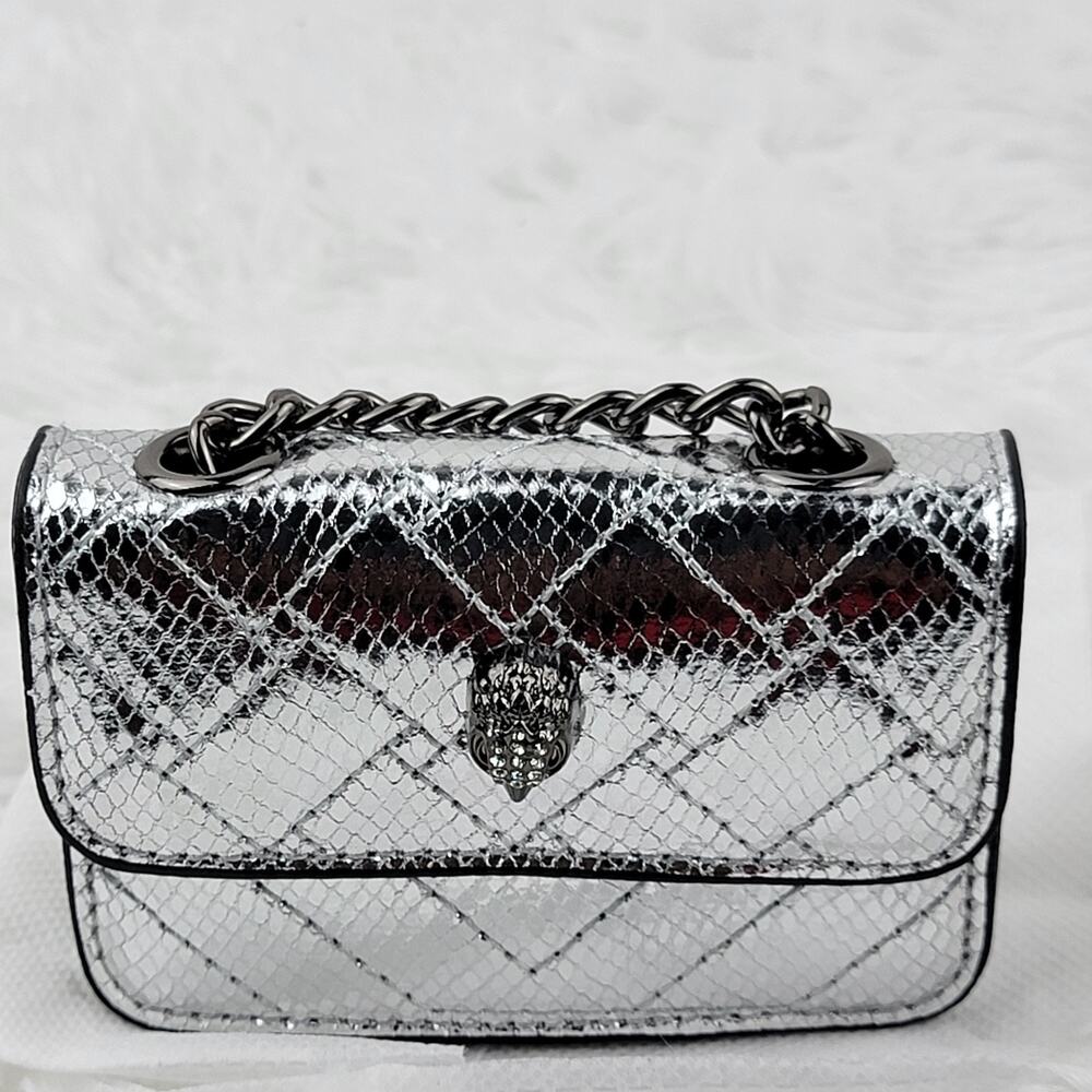 Designer Micro Mini Purse Metallic Sliver Quilt Crossbody 24" Chain Bag Eagle - Picture 2 of 11